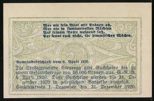 Notgeld Steyregg 1920, 50 Heller, Stadtansicht und dekorative Schriftzüge