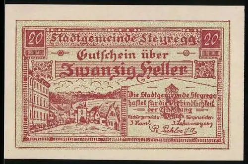 Notgeld Steyregg 1920, 20 Heller, Stadtansicht und Spruchband