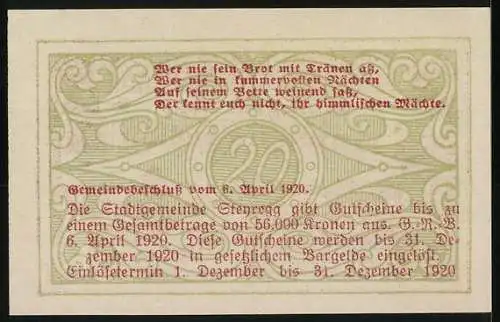 Notgeld Steyregg 1920, 20 Heller, Stadtansicht und Spruchband