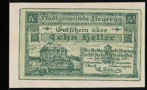 Notgeld Steyregg 1920, 10 Heller, Gebäude und Zitate, Gemeindebeschluss vom 6. April 1920