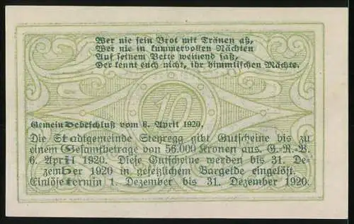 Notgeld Steyregg 1920, 10 Heller, Gebäude und Zitate, Gemeindebeschluss vom 6. April 1920