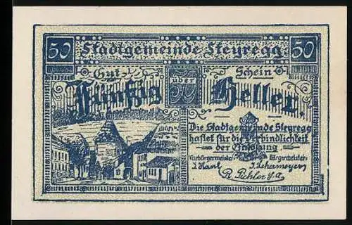 Notgeld Steyregg 1920, 50 Heller, Stadtansicht mit Kirche und Gedicht