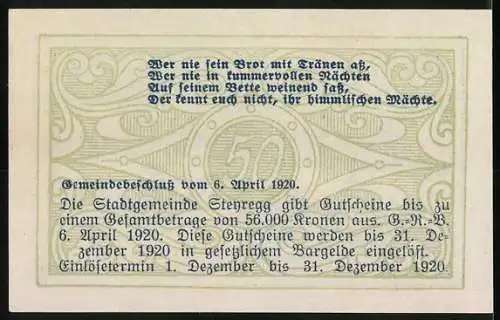 Notgeld Steyregg 1920, 50 Heller, Stadtansicht mit Kirche und Gedicht