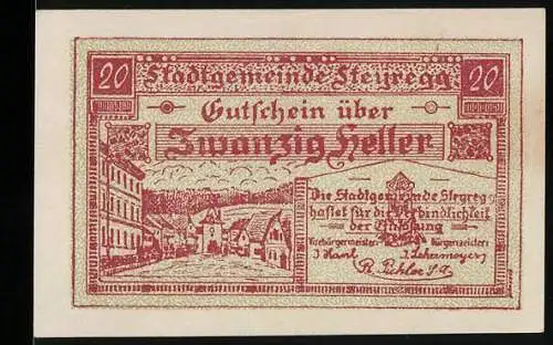 Notgeld Steyregg 1920, 20 Heller, Stadtansicht und Spruchband