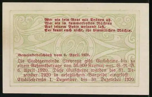 Notgeld Steyregg 1920, 20 Heller, Stadtansicht und Spruchband