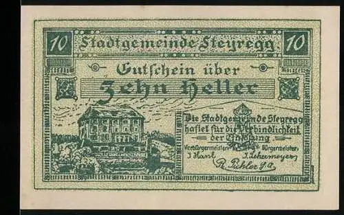 Notgeld Steyregg 1920, 10 Heller, Gebäude und Zitat, Gemeindeauflösungstext