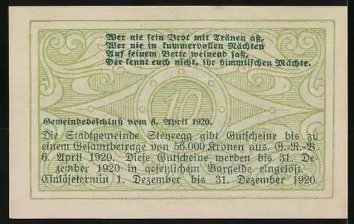 Notgeld Steyregg 1920, 10 Heller, Gebäude und Zitat, Gemeindeauflösungstext