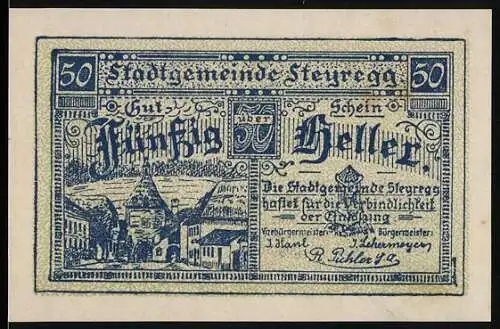 Notgeld Steyregg 1920, 50 Heller, Stadtansicht und poetischer Text