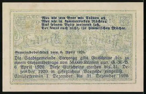 Notgeld Steyregg 1920, 50 Heller, Stadtansicht und poetischer Text