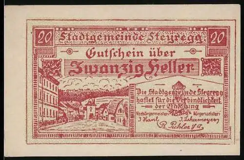 Notgeld Steyregg 1920, 20 Heller, Stadtansicht und Gedicht in Rot