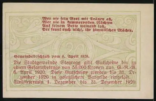 Notgeld Steyregg 1920, 20 Heller, Stadtansicht und Gedicht in Rot