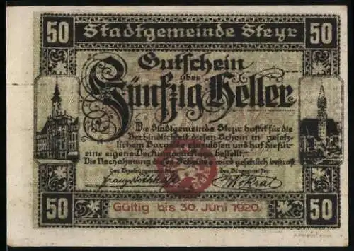 Notgeld Steyr 1919, 50 Heller, Stadtszenen und Löwenwappen, gültig bis 30. Juni 1920