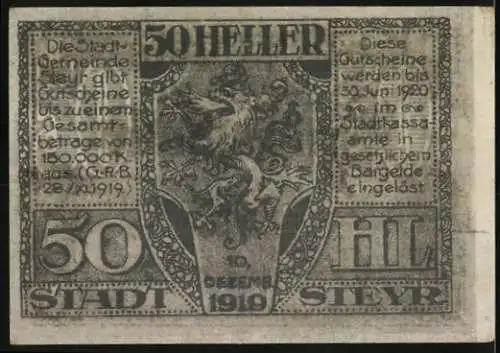 Notgeld Steyr 1919, 50 Heller, Stadtszenen und Löwenwappen, gültig bis 30. Juni 1920