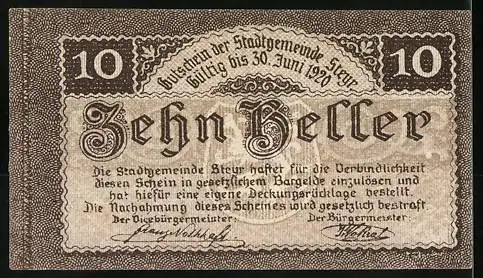 Notgeld Steyr 1919, 10 Heller, Löwenwappen und dekoratives Design