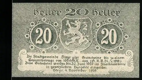 Notgeld Steyr 1919, 20 Heller, Löwenwappen und dekorative Schriftzüge