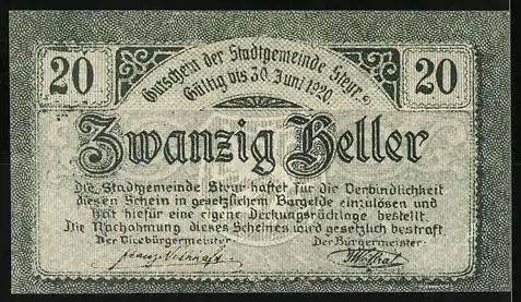 Notgeld Steyr 1919, 20 Heller, Löwenwappen und dekorative Schriftzüge