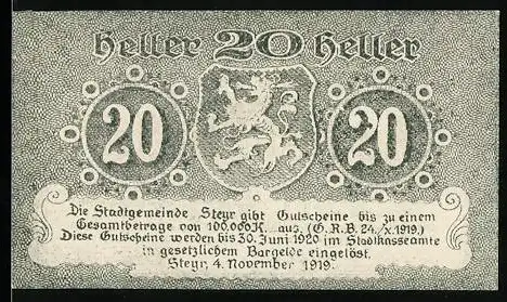 Notgeld Steyr 1919, 20 Heller, Löwenwappen und dekorative Schriftzüge