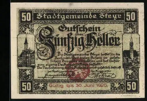 Notgeld Steyr 1919, 50 Heller, Stadtansichten und Wappen, gültig bis 30. Juni 1920