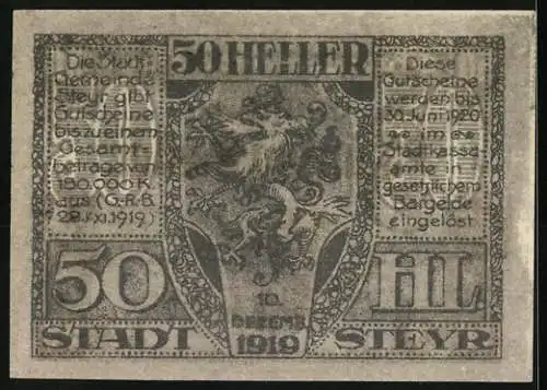 Notgeld Steyr 1919, 50 Heller, Stadtansichten und Wappen, gültig bis 30. Juni 1920