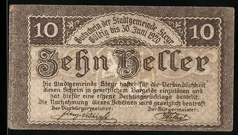 Notgeld Steyr 1920, 10 Heller, Löwenmotiv und Textbeschreibung