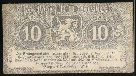 Notgeld Steyr 1920, 10 Heller, Löwenmotiv und Textbeschreibung