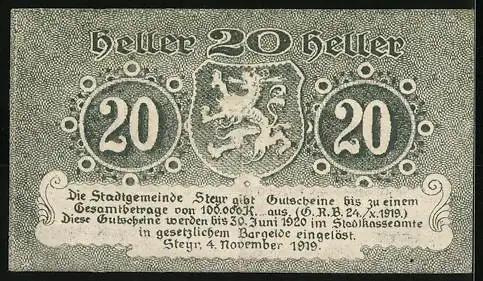 Notgeld Steyr 1919, 20 Heller, Löwenwappen, gültig bis 30. Juni 1920