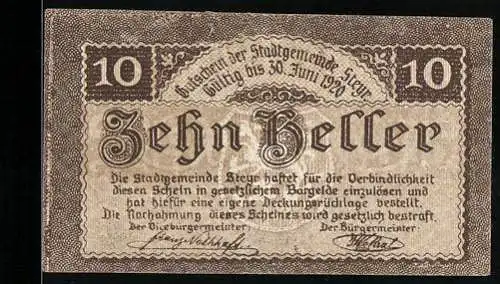 Notgeld Steyr 1919, 10 Heller, Löwenmotiv und Gültigkeitsdatum