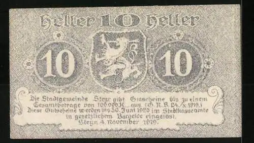 Notgeld Steyr 1919, 10 Heller, Löwenmotiv und Gültigkeitsdatum