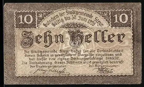 Notgeld Steyr 1919, 10 Heller, Wappen mit Löwe und dekorativer Schriftzug