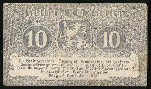 Notgeld Steyr 1919, 10 Heller, Wappen mit Löwe und dekorativer Schriftzug