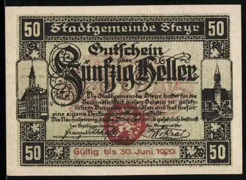 Notgeld Steyr 1919, 50 Heller, Löwenwappen und Stadtansichten, gültig bis 30. Juni 1920