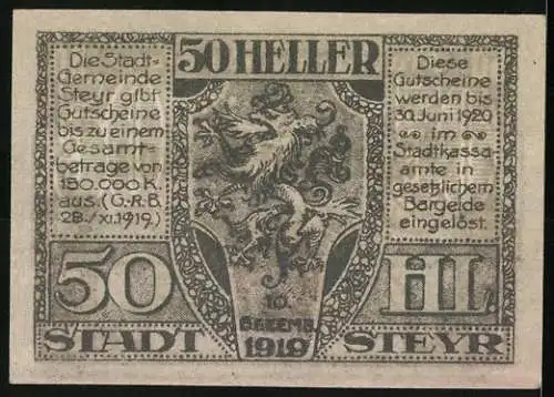 Notgeld Steyr 1919, 50 Heller, Löwenwappen und Stadtansichten, gültig bis 30. Juni 1920