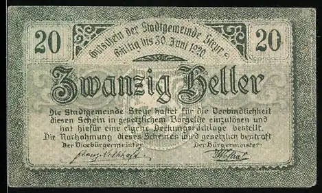 Notgeld Steyr 1919, 20 Heller, Löwenwappen und dekorative Schriftzüge