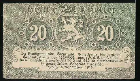 Notgeld Steyr 1919, 20 Heller, Löwenwappen und dekorative Schriftzüge