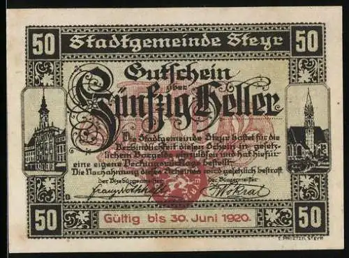 Notgeld Steyr 1919, 50 Heller, Stadtansichten und Wappen, gültig bis 30. Juni 1920