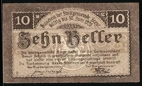 Notgeld Steyr 1919, 10 Heller, Löwenwappen und kunstvolle Schriftzüge