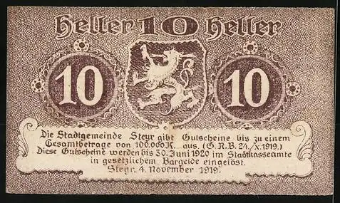 Notgeld Steyr 1919, 10 Heller, Löwenwappen und kunstvolle Schriftzüge