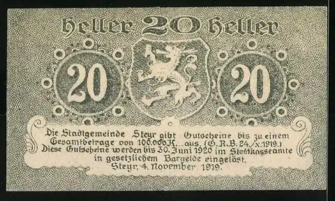 Notgeld Steyr 1919, 20 Heller, Löwenwappen, Gültigkeit bis 30. Juni 1920