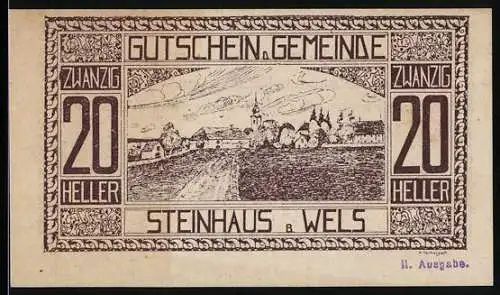 Notgeld Steinhaus bei Wels 1920, 20 Heller, Dorflandschaft und Text mit Bürgermeisterstempel