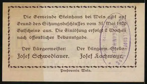 Notgeld Steinhaus bei Wels 1920, 20 Heller, Dorflandschaft und Text mit Bürgermeisterstempel