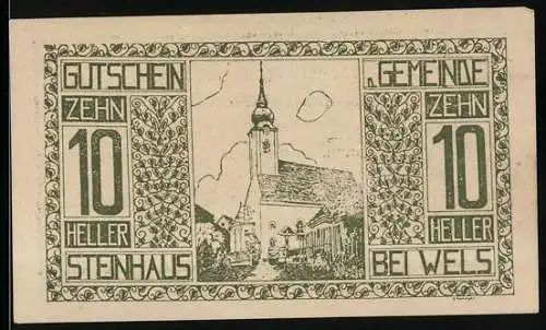 Notgeld Steinhaus bei Wels 1920, 10 Heller, Kirche mit dekorativem Rahmen