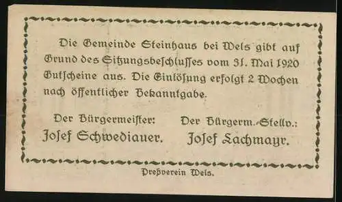 Notgeld Steinhaus bei Wels 1920, 10 Heller, Kirche mit dekorativem Rahmen