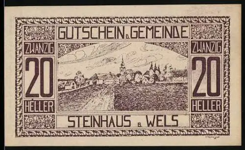 Notgeld Steinhaus b. Wels 1920, 20 Heller, Dorflandschaft mit Kirche