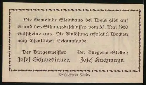 Notgeld Steinhaus b. Wels 1920, 20 Heller, Dorflandschaft mit Kirche