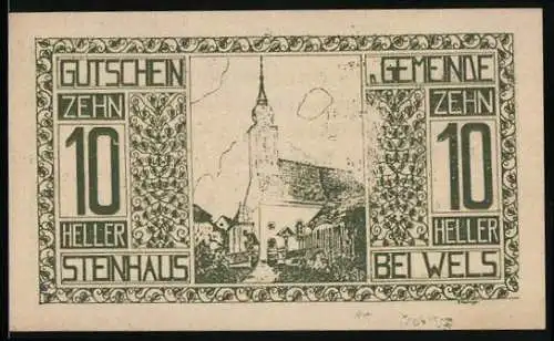 Notgeld Steinhaus bei Wels 1920, 10 Heller, Kirche und Text, Bürgermeister Josef Schwediauer