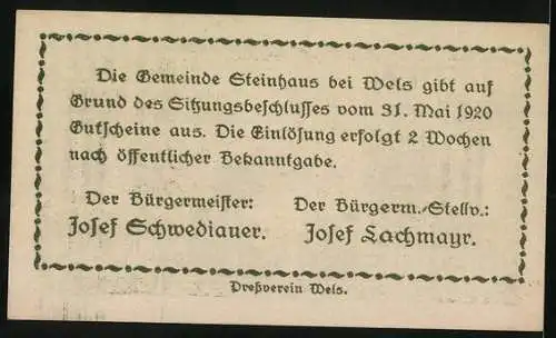 Notgeld Steinhaus bei Wels 1920, 10 Heller, Kirche und Text, Bürgermeister Josef Schwediauer