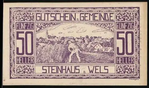 Notgeld Steinhaus bei Wels 1920, 50 Heller, Ernteszene mit Dorf im Hintergrund