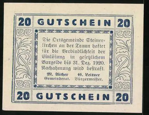 Notgeld Steinerkirchen 1920, 20 Heller, Schloss Almegg und dekorativer Rahmen