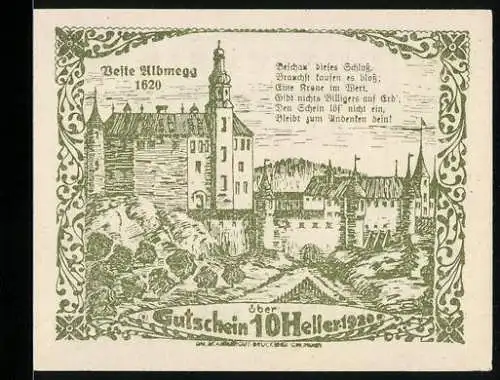 Notgeld Steinerkirchen 1920, 10 Heller, Burg Almegg, Gedicht und Ziermuster