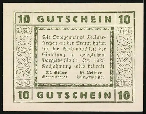 Notgeld Steinerkirchen 1920, 10 Heller, Burg Almegg, Gedicht und Ziermuster